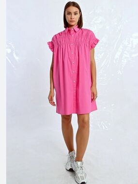 Lili Sidonio Pink Ruffled Button-Front Mini Shirt Dress